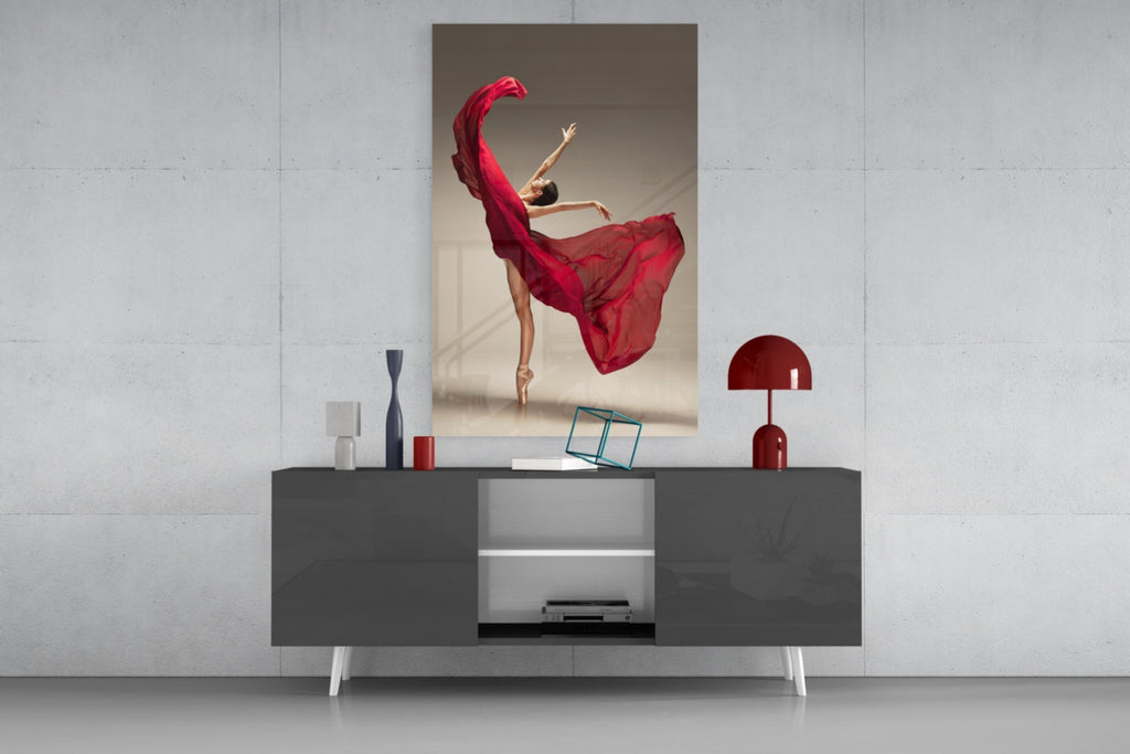 Red Gown Arabesque Ballerina Glass Wall Art