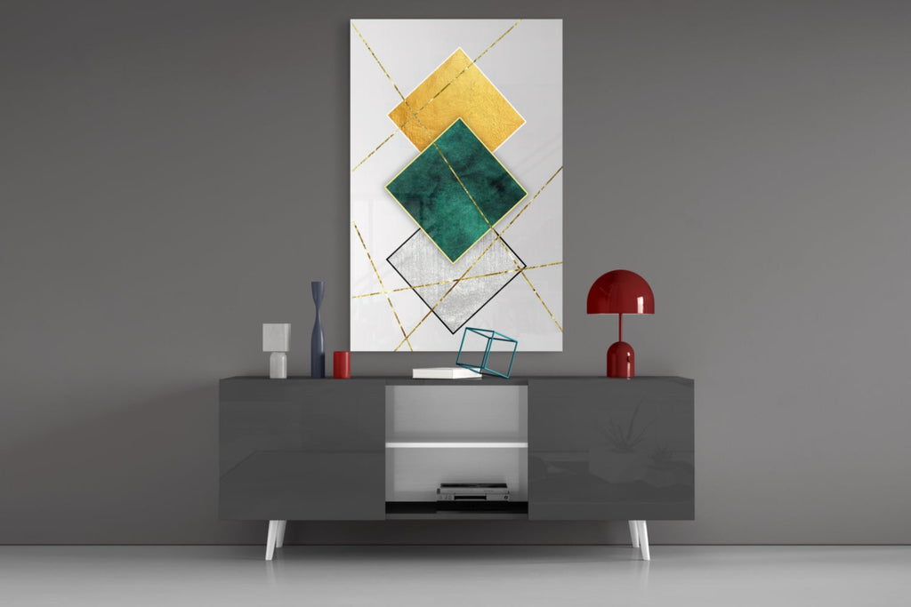 Gold and Emerald Diamond Geometry Glass Wall Art