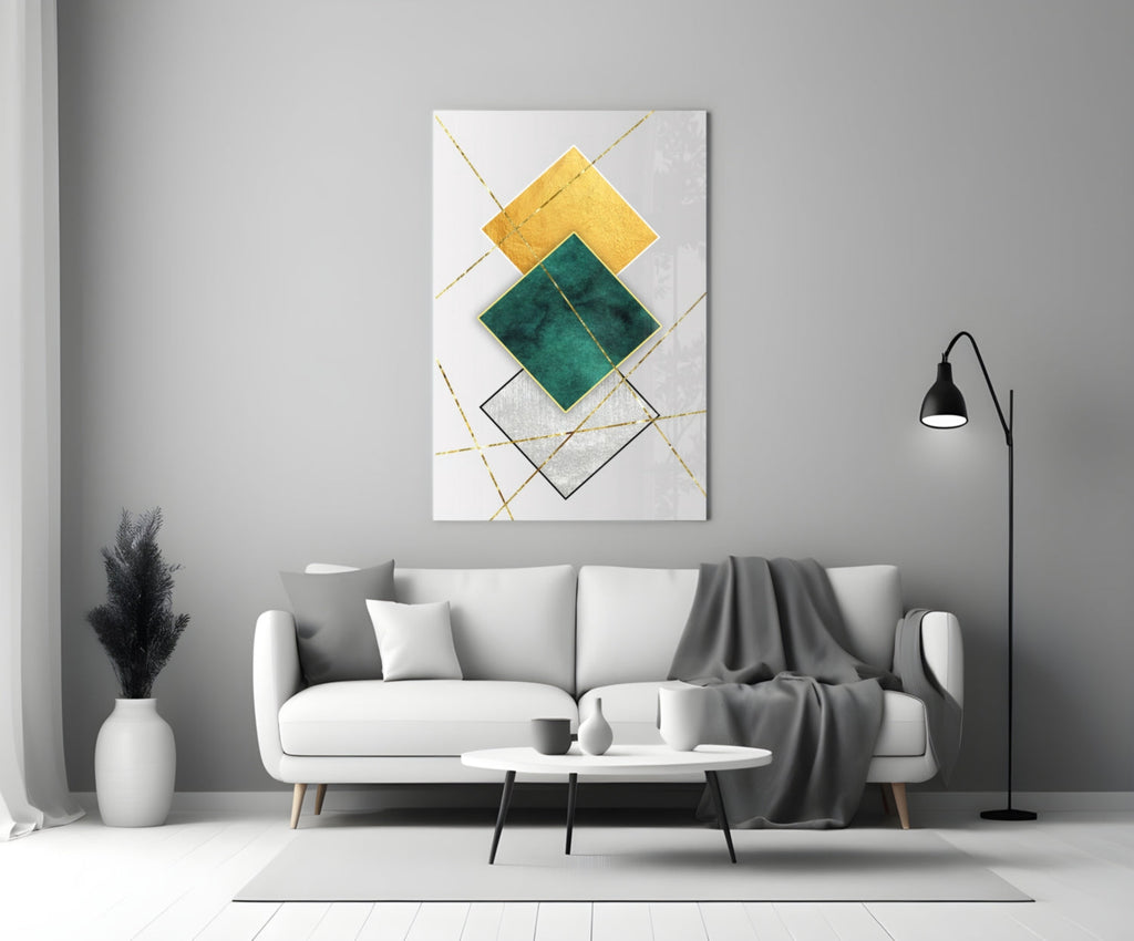 Gold and Emerald Diamond Geometry Glass Wall Art