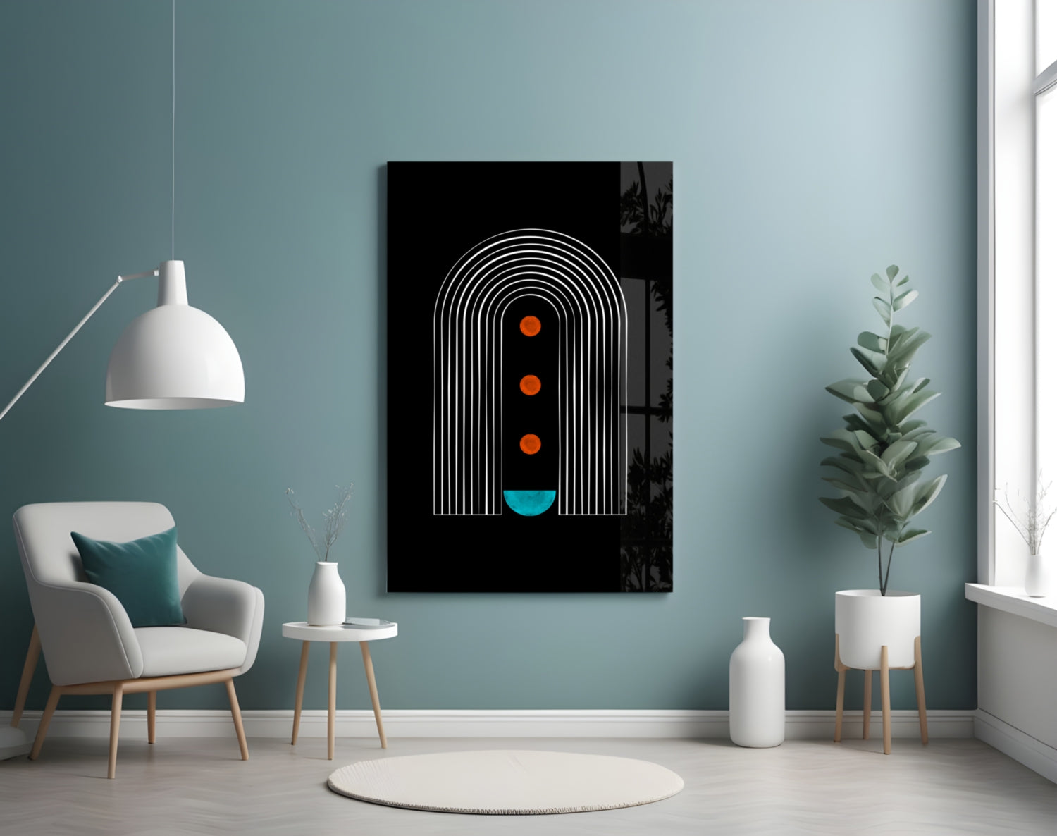 White Arch Lines Orange Dots Teal Glass Wall Art