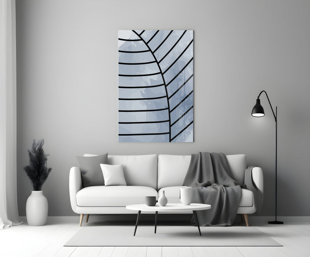 Gray Blue Minimalist Leaf Vein Lines Glass Wall Art