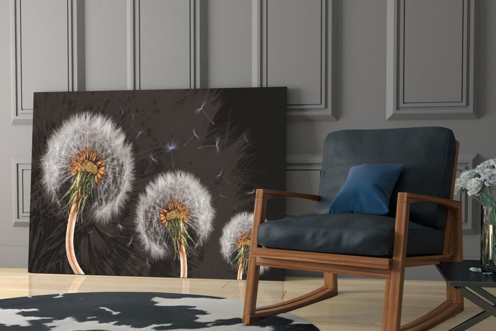 Three Dandelion Seed Heads on Charcoal Glass Wall Art