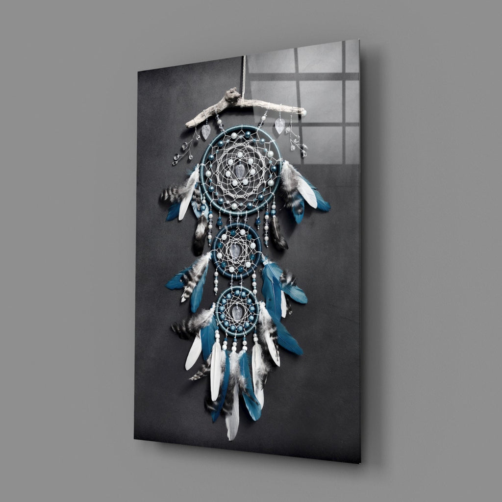 Triple Blue Feather Dreamcatcher Glass Wall Art