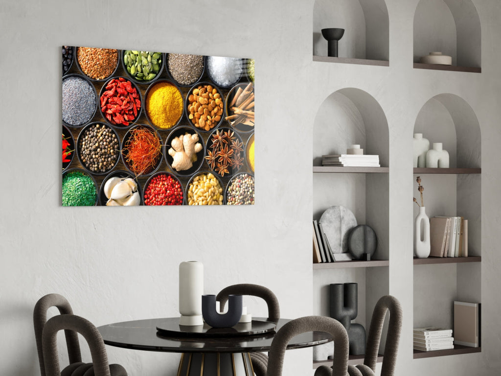 Grid Of Bowls Rainbow Spices Glass Wall Art