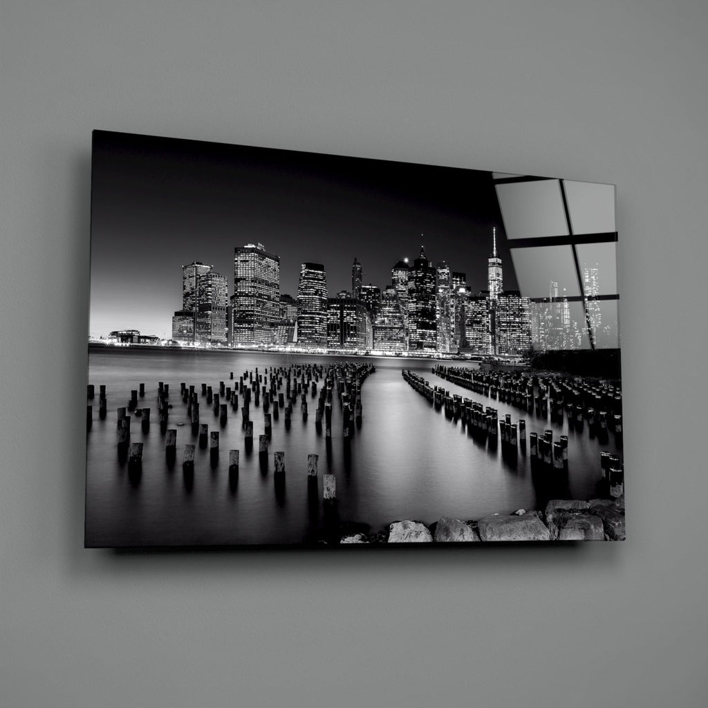 Monochrome Skyline Pier Pilings Glass Wall Art