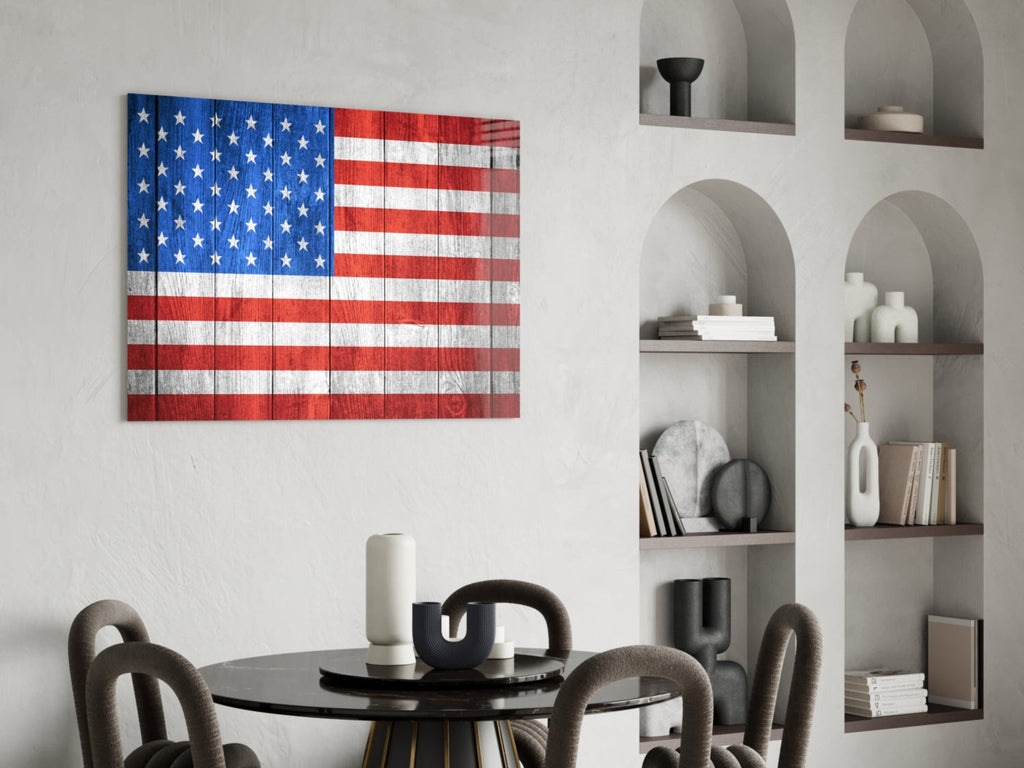 American Flag Painted on Wood Planks Glass Wall Art