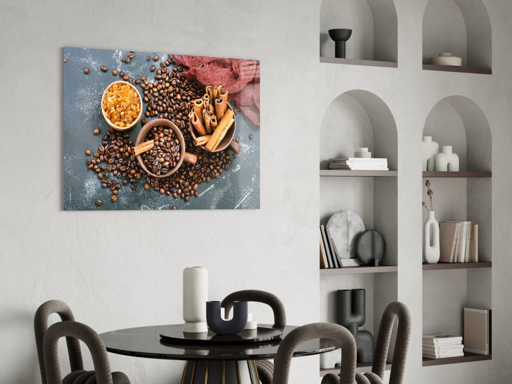 Scattered Coffee Beans And Cinnamon Glass Wall Art