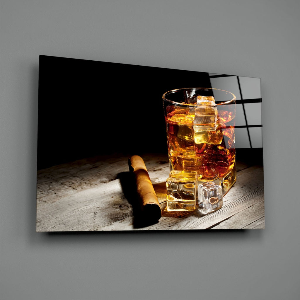 Whiskey Glass With Ice And Cigar Glass Wall Art