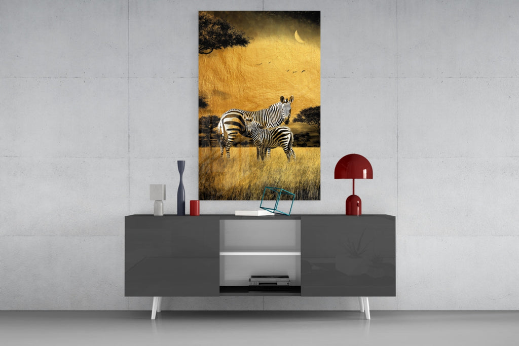 Golden Savanna Crescent Moon Zebras Glass Wall Art