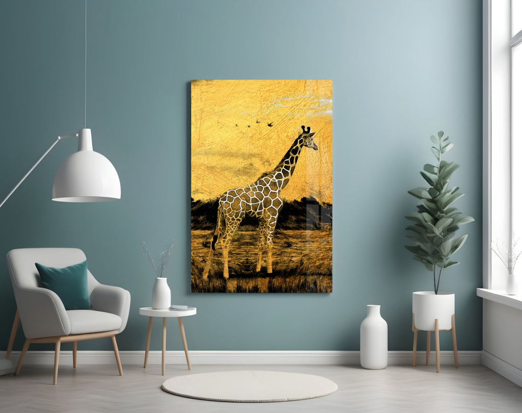 Golden Sunset Savanna Giraffe Glass Wall Art