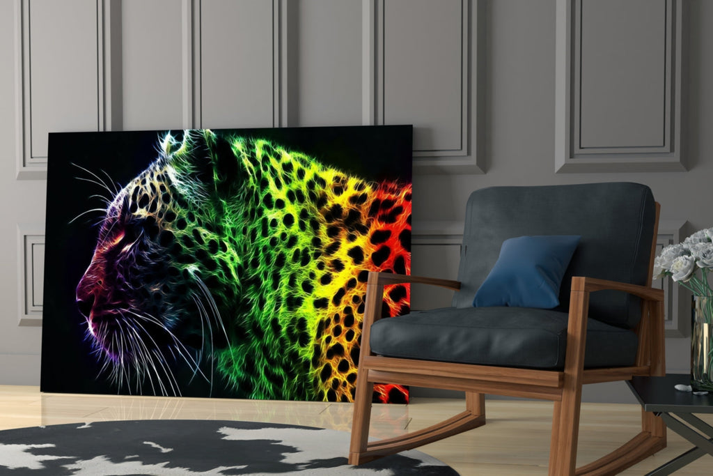 Neon Rainbow Leopard Glass Wall Art