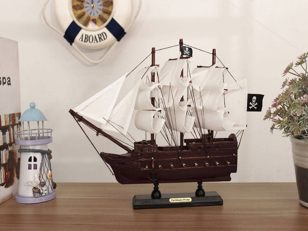 Wooden Caribbean Pirate White Sails Model Pirate Ship 12""
