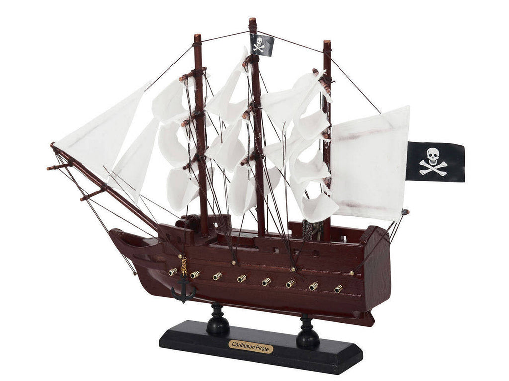 Wooden Caribbean Pirate White Sails Model Pirate Ship 12""