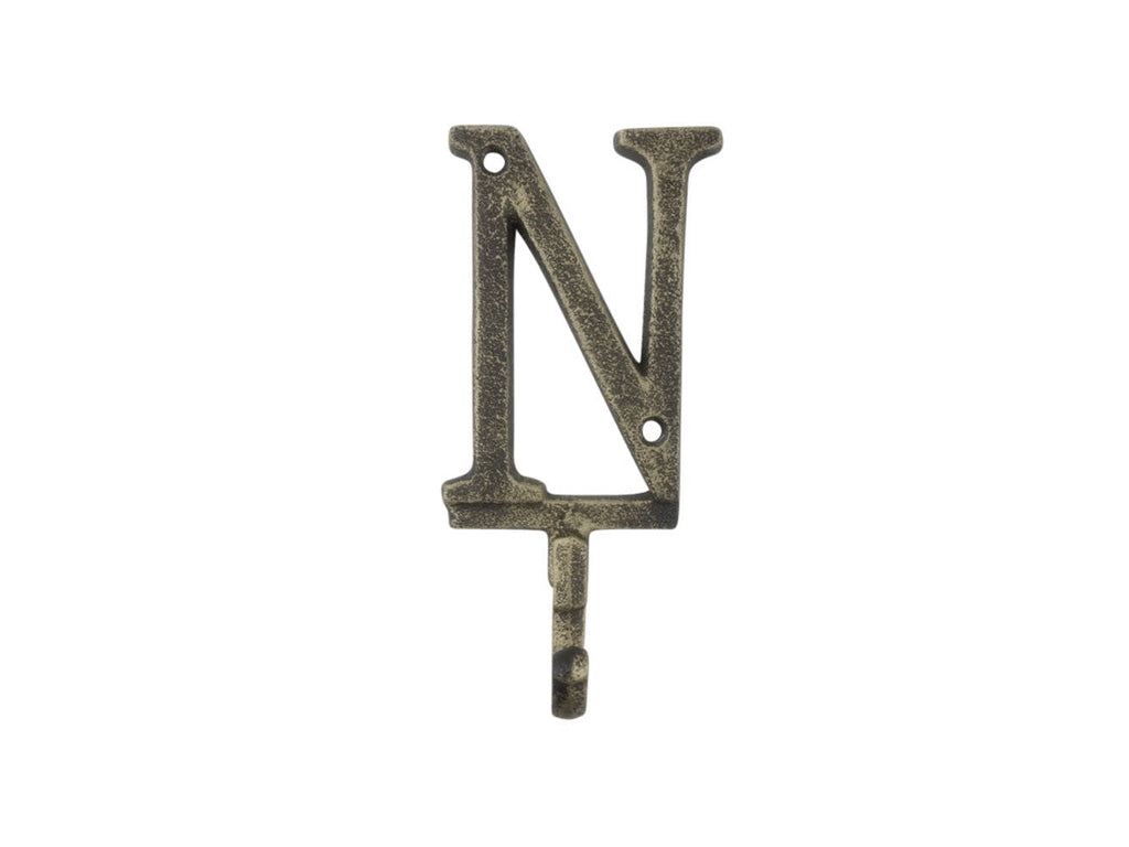 Rustic Gold Cast Iron Letter N Alphabet Wall Hook 6""