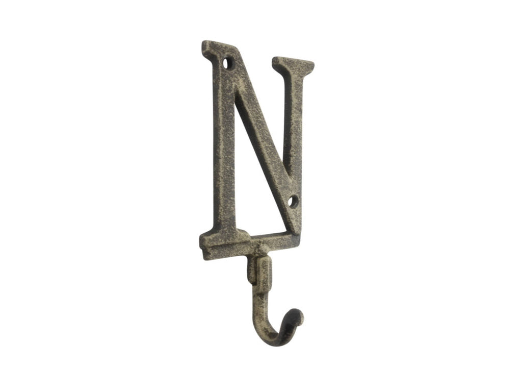 Rustic Gold Cast Iron Letter N Alphabet Wall Hook 6""