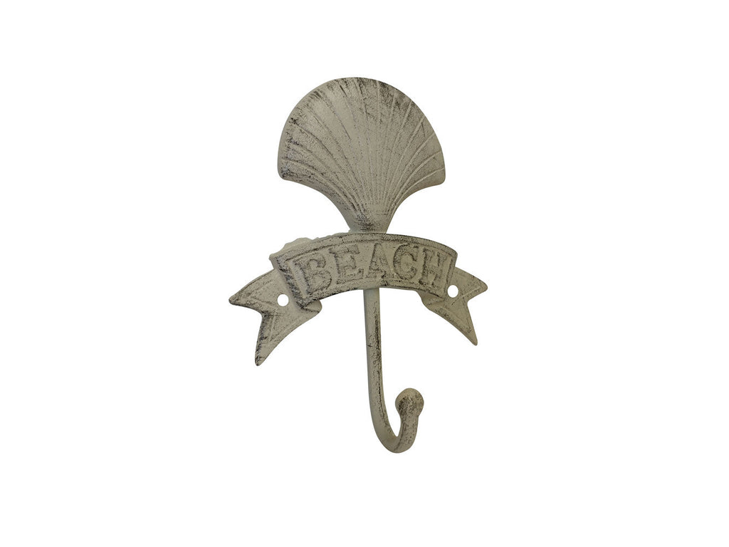 Aged White Cast Iron Seashell Beach Hook 8""