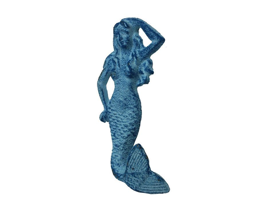 Rustic Light Blue Whitewashed Cast Iron Mermaid Hook 6""