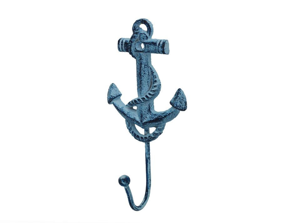 Rustic Dark Blue Whitewashed Cast Iron Anchor Hook 7""