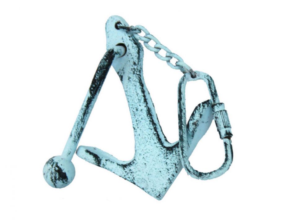 Dark Blue Whitewashed Cast Iron Anchor Key Chain 5""