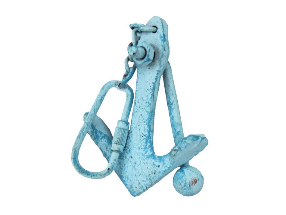 Light Blue Whitewashed Cast Iron Anchor Key Chain 5""