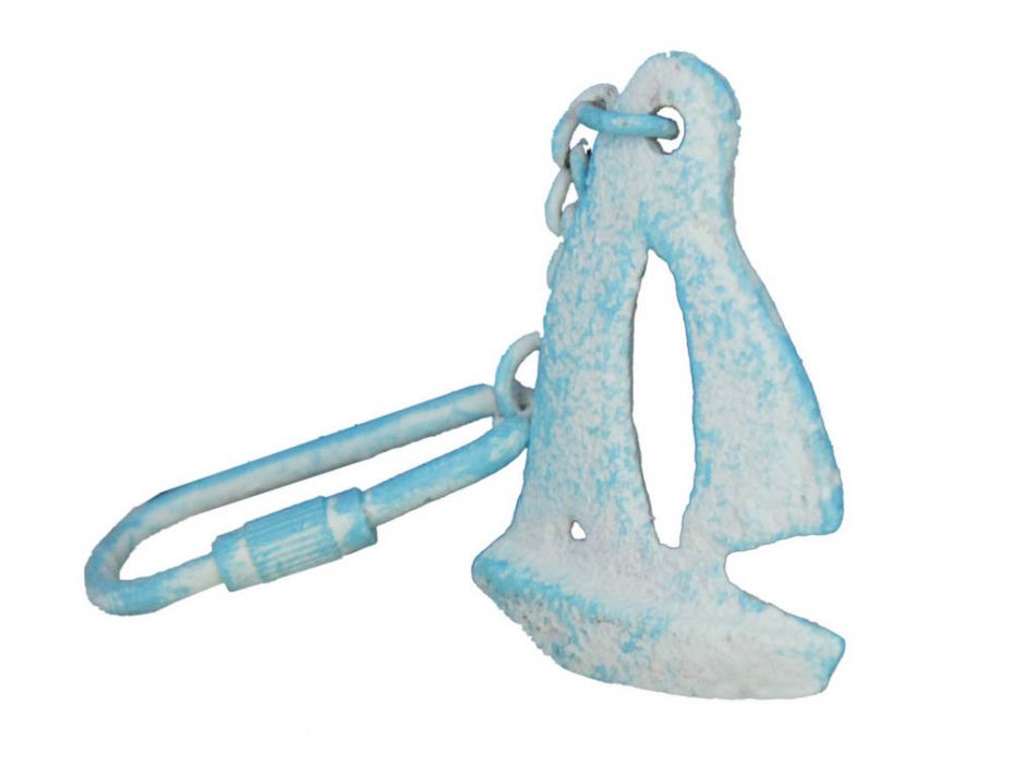 Light Blue Whitewashed Cast Iron Sailboat Key Chain 5""
