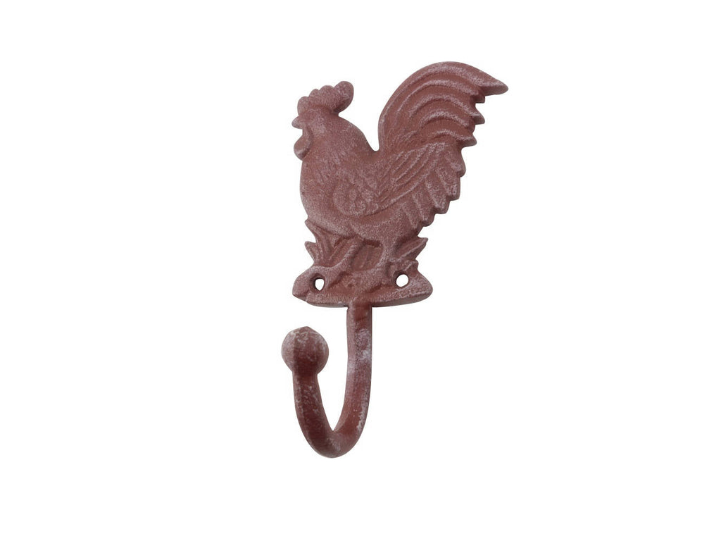 Rustic Red Whitewashed Cast Iron Rooster Hook 7""