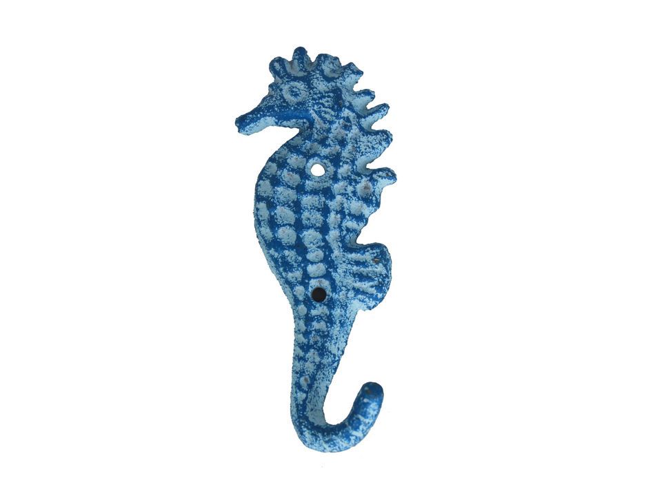 Rustic Light Blue Whitewashed Cast Iron Seahorse Hook 5""