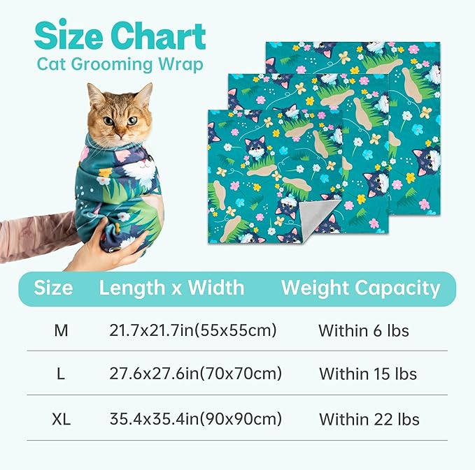 Cat Grooming Wrap, Cat Wrap for Cutting Nails, Self - Adherent Fabric Wrap for Cats, Cat Burrito Wrap Anti - Scratch, Anti - Escape, Multifunctional Swaddle Wrap Pet Tool 21.6×21.6" - PhishStones Products