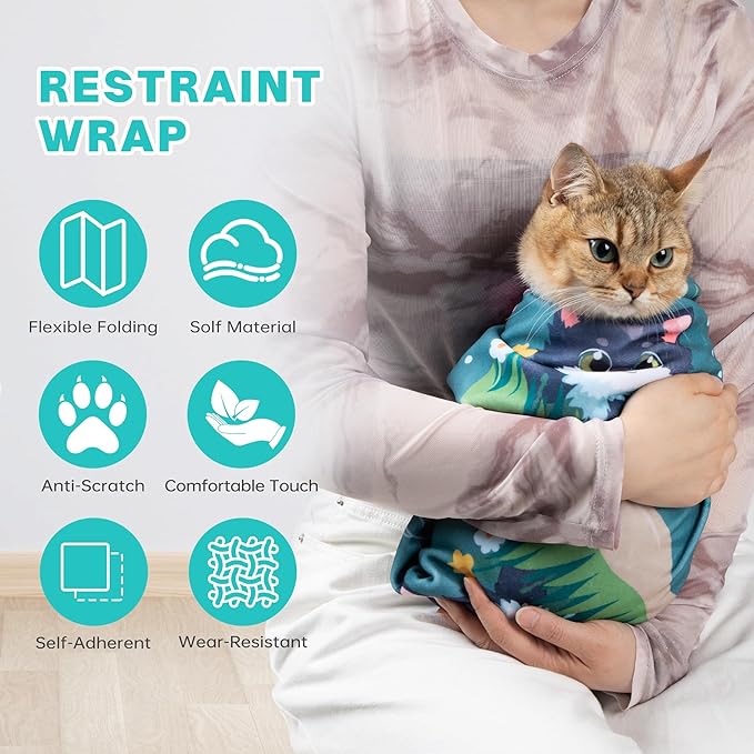 Cat Grooming Wrap, Cat Wrap for Cutting Nails, Self - Adherent Fabric Wrap for Cats, Cat Burrito Wrap Anti - Scratch, Anti - Escape, Multifunctional Swaddle Wrap Pet Tool 21.6×21.6" - PhishStones Products