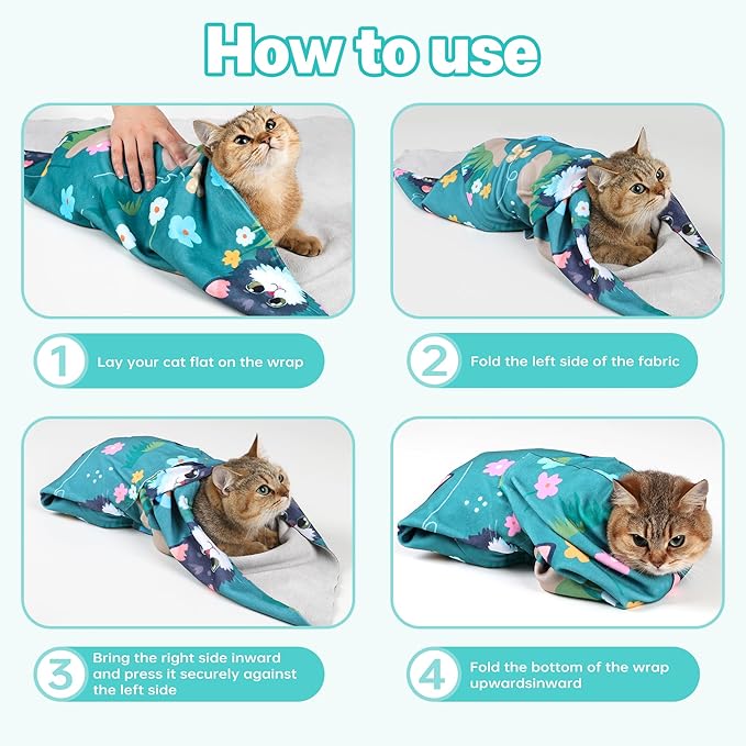 Cat Grooming Wrap, Cat Wrap for Cutting Nails, Self - Adherent Fabric Wrap for Cats, Cat Burrito Wrap Anti - Scratch, Anti - Escape, Multifunctional Swaddle Wrap Pet Tool 21.6×21.6" - PhishStones Products
