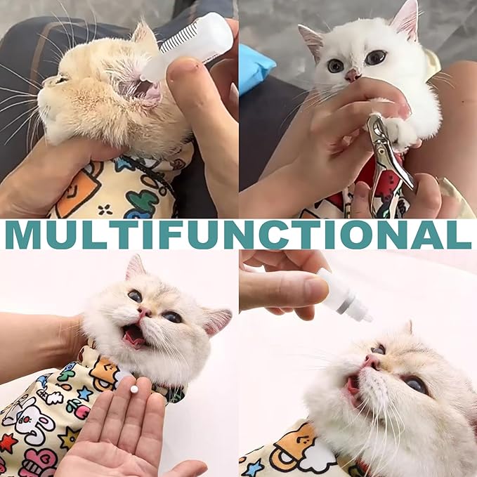 Cat Grooming Wrap, [XXL] Cat Restraint Wrap for Nail Clipping, Ear Cleaning, and Teeth Brushing, Self - Adherent, Anti - Bite, Anti - Scratch, Anti Scratch, Cow White - PhishStones Products