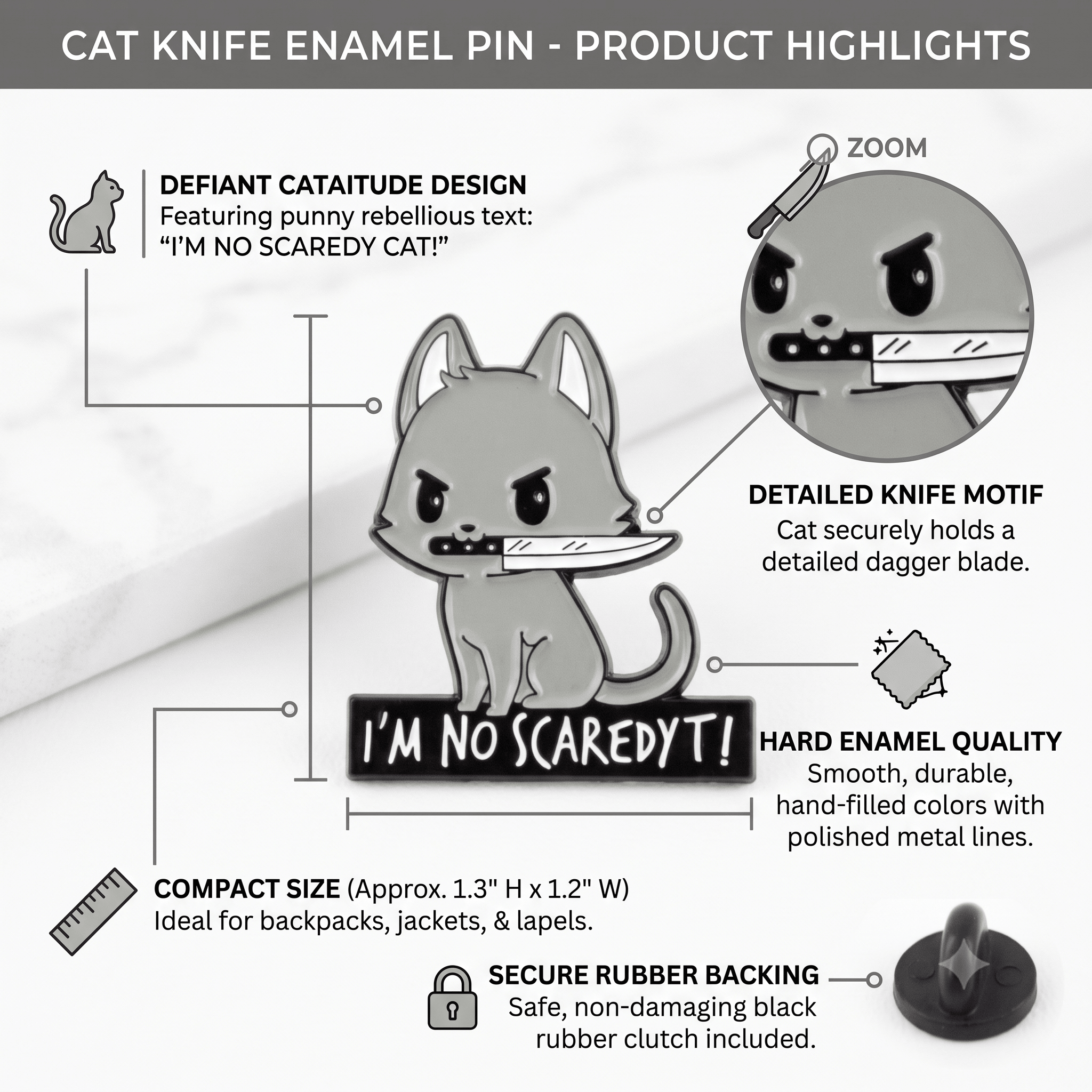 Cat Knife Enamel Pin – Bold Kitty Design for Bags and Jackets