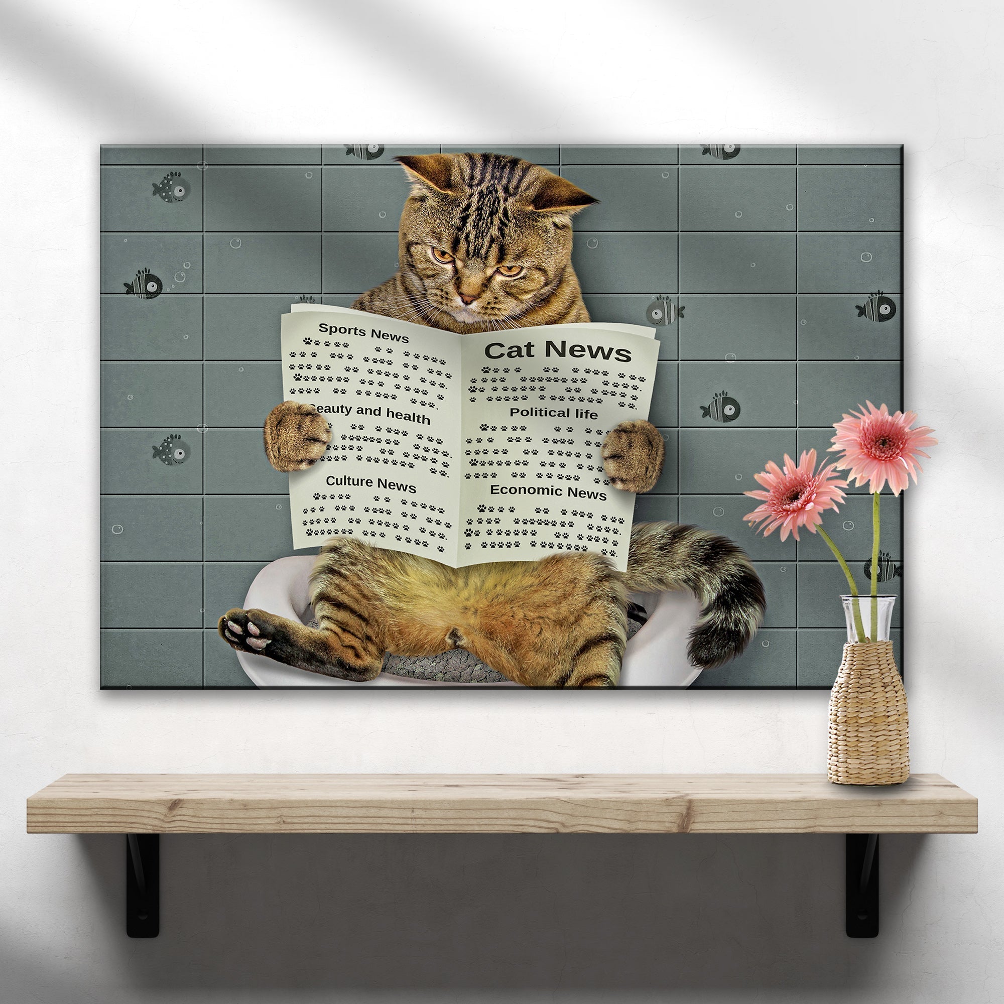 Cat Toilet Reading Newspaper Canvas Wall Art - PhishStones Products