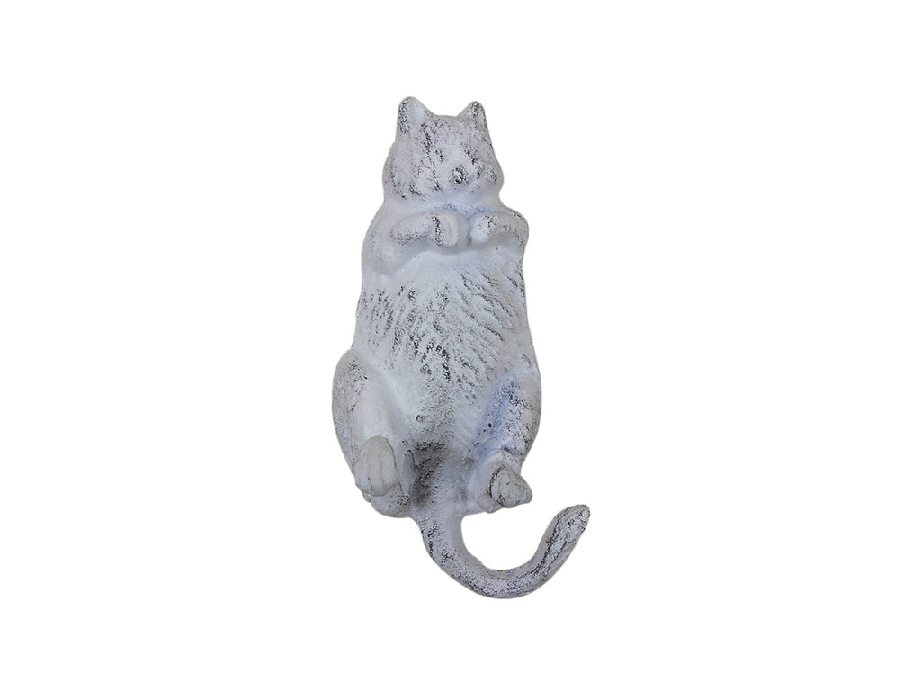 Whitewashed Cast Iron Happy Fat Cat Decorative Metal Wall Hook 6""