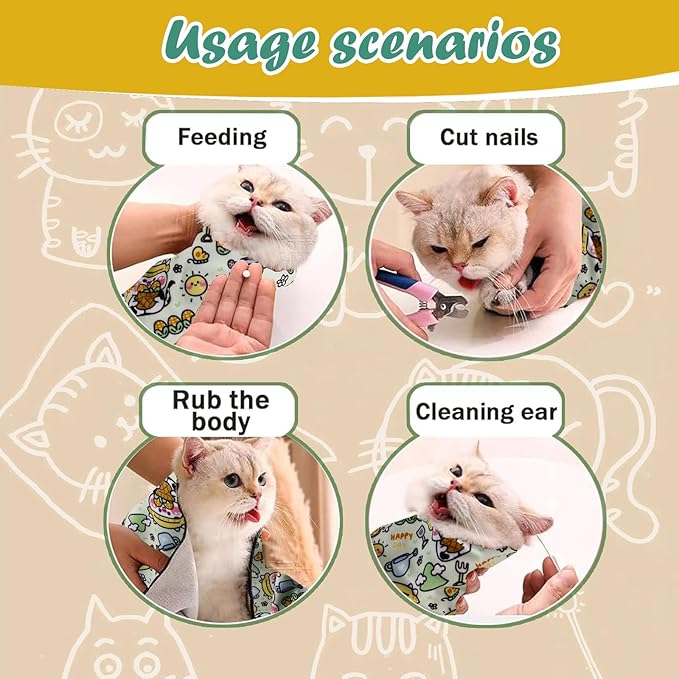 Cat Wrap for Cutting Nails and Grooming(27"x27"),Cat Restraint Wrap for Nail Clipping, Self - Adhesive Fabric Cat Swaddle Burrito Wrap for Nail Trimming (Cow Style) - PhishStones Products