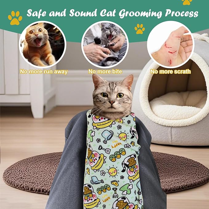 Cat Wrap for Cutting Nails and Grooming(27"x27"),Cat Restraint Wrap for Nail Clipping, Self - Adhesive Fabric Cat Swaddle Burrito Wrap for Nail Trimming (Cow Style) - PhishStones Products