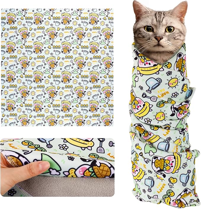 Cat Wrap for Cutting Nails and Grooming(27"x27"),Cat Restraint Wrap for Nail Clipping, Self - Adhesive Fabric Cat Swaddle Burrito Wrap for Nail Trimming (Cow Style) - PhishStones Products