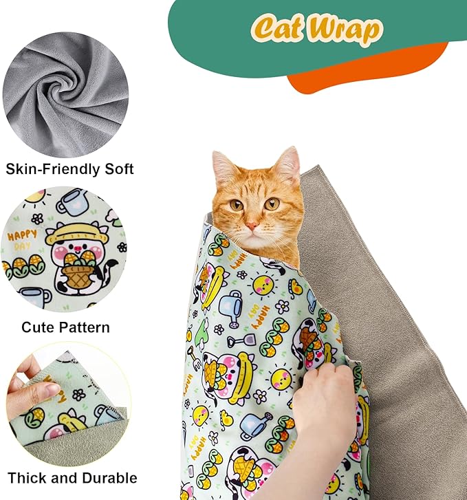 Cat Wrap for Cutting Nails and Grooming(27"x27"),Cat Restraint Wrap for Nail Clipping, Self - Adhesive Fabric Cat Swaddle Burrito Wrap for Nail Trimming (Cow Style) - PhishStones Products