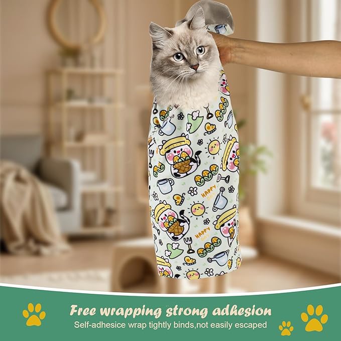Cat Wrap for Cutting Nails and Grooming(27"x27"),Cat Restraint Wrap for Nail Clipping, Self - Adhesive Fabric Cat Swaddle Burrito Wrap for Nail Trimming (Cow Style) - PhishStones Products