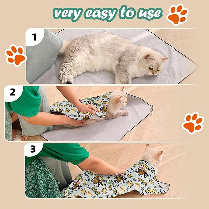 Cat Wrap for Cutting Nails and Grooming(27"x27"),Cat Restraint Wrap for Nail Clipping, Self - Adhesive Fabric Cat Swaddle Burrito Wrap for Nail Trimming (Cow Style) - PhishStones Products