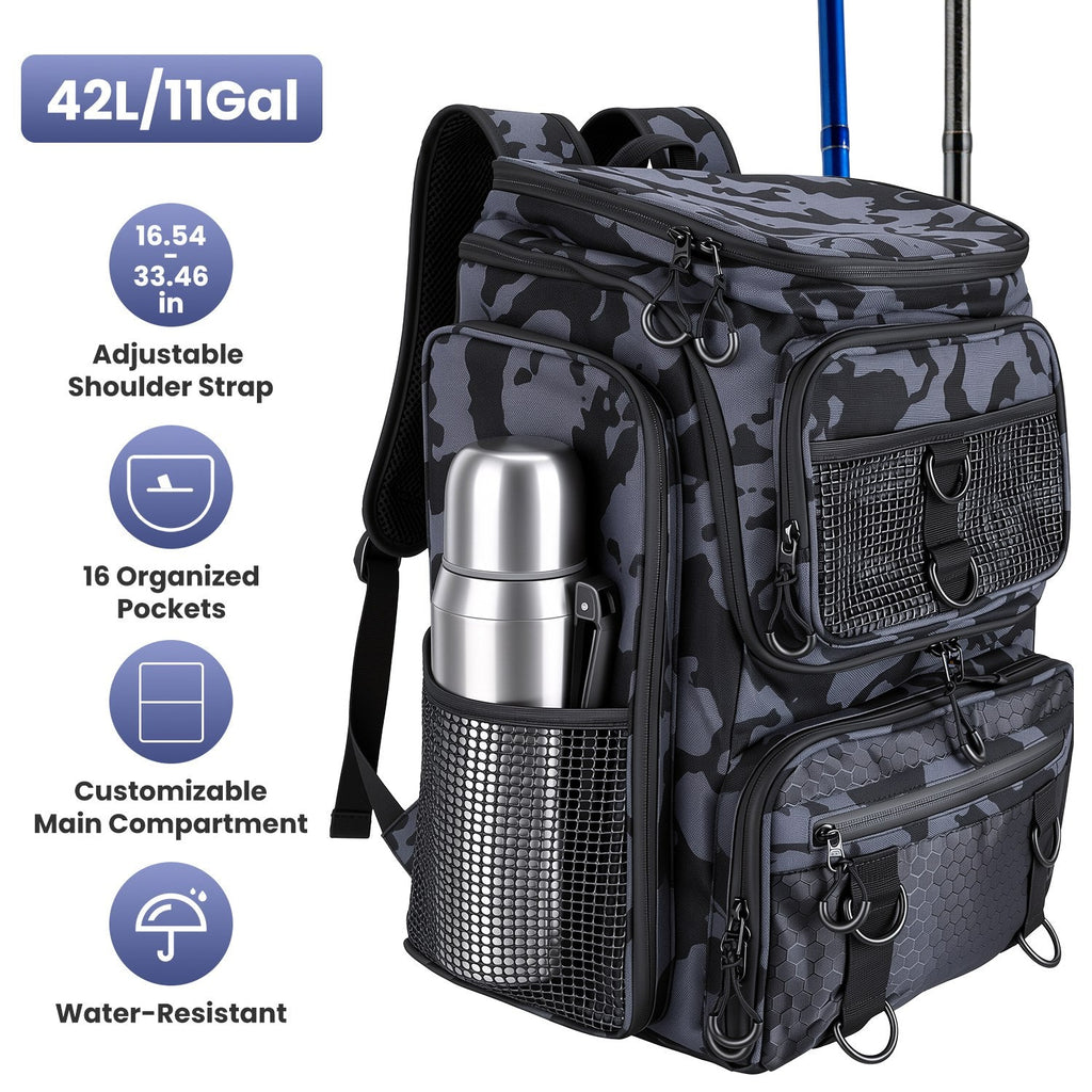 42L/11Gal Fishing Backpack Large Capacity Fishing Tackle Storage Bag with Rod Holders 16-Pocket Water-Resistant with Divider Adjustable Padded Straps