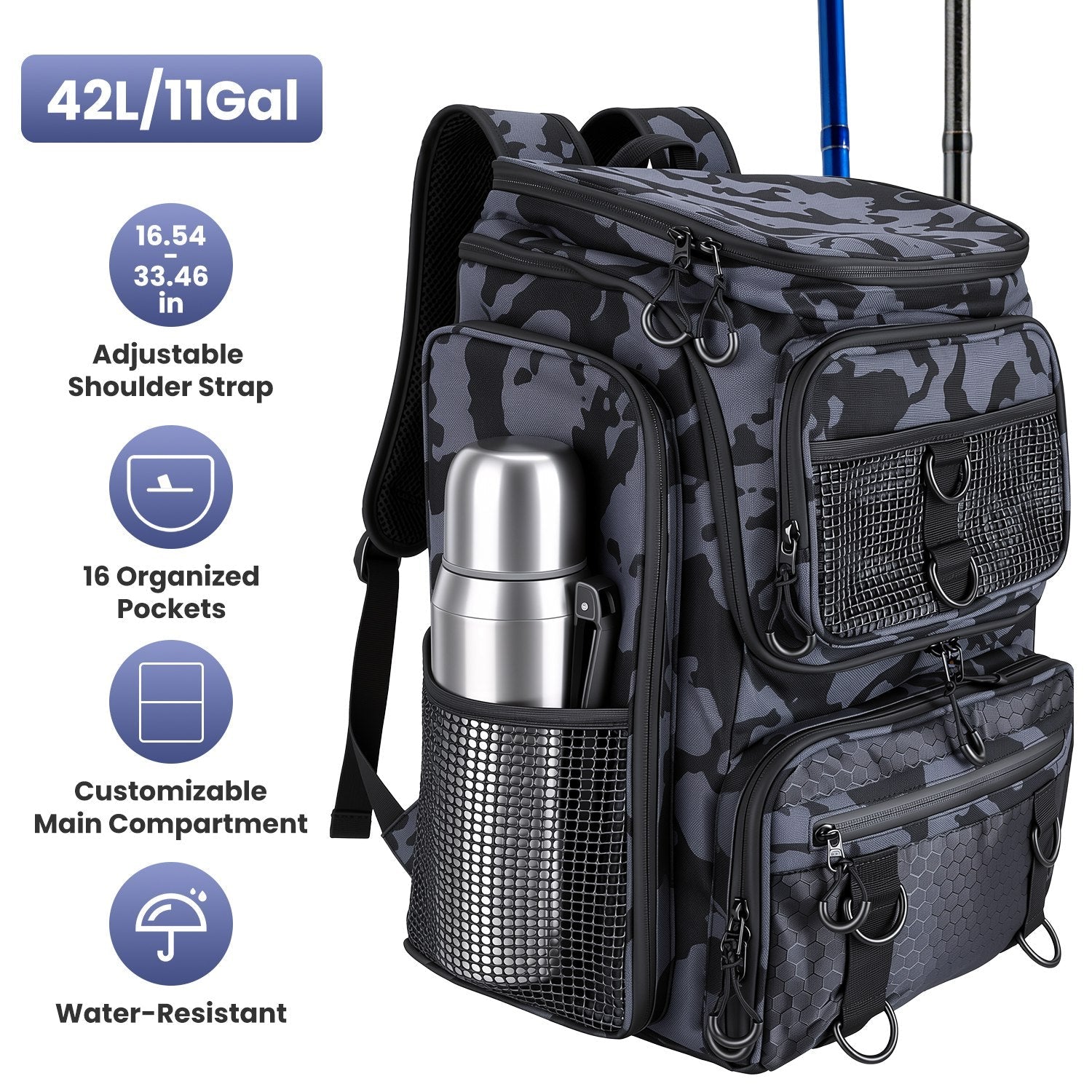 42L/11Gal Fishing Backpack Large Capacity Fishing Tackle Storage Bag with Rod Holders 16-Pocket Water-Resistant with Divider Adjustable Padded Straps
