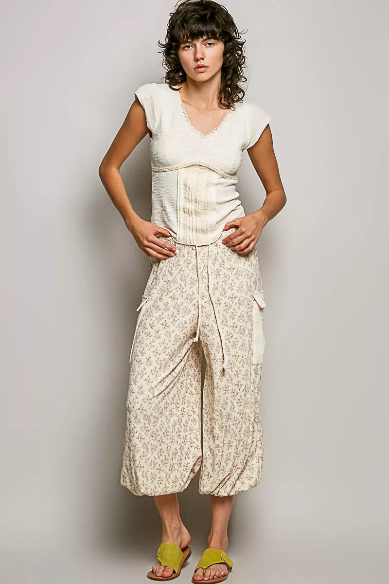 POL V-Neck Lightweight Textured Short Sleeve Knit Top with Lace Trim