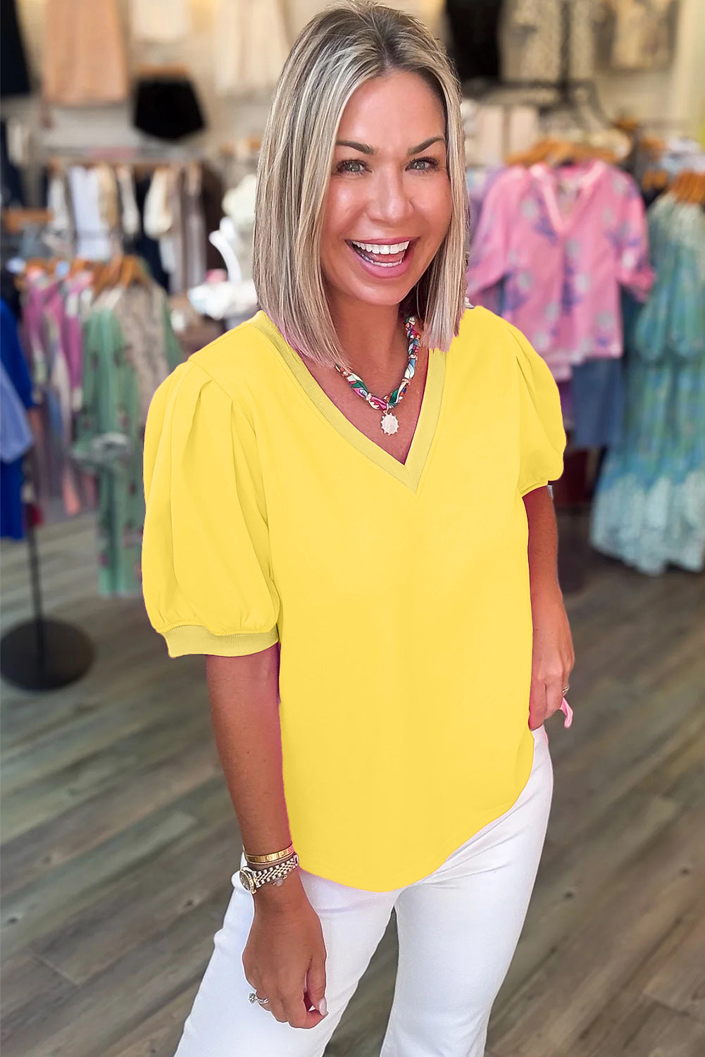 Bonbon Solid Color V Neck Short Puff Sleeve Blouse