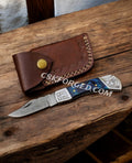 CelestialSnap Damascus - 7.5" Back Lock Pocket Knife with Leather Sheath - PhishStones Products