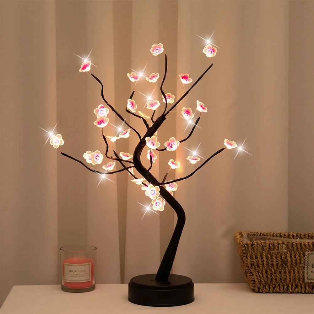 Cherry Blossom Bonsai LED Table Lamp 19.7in (50cm) USB or 3×AA Battery Powered Touch Sensor Night Light Tabletop Decorative Tree - PhishStones Products
