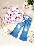 Children's Butterfly Print Top and Flare Pants Set - PhishStones Products