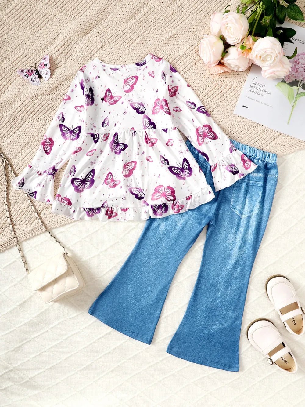 Children's Butterfly Print Top and Flare Pants Set - PhishStones Products
