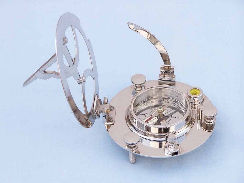 Chrome Round Sundial Compass with Black Rosewood Box 6""