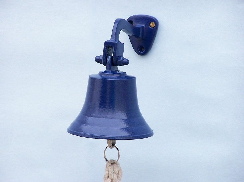 Solid Brass Hanging Ship's Bell 6"" - Blue Powder Coated